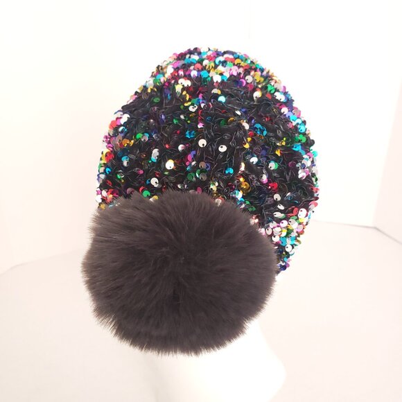 Dull Black Colorful Sequin Winter Beanie Bobble Hat - Picture 4 of 14
